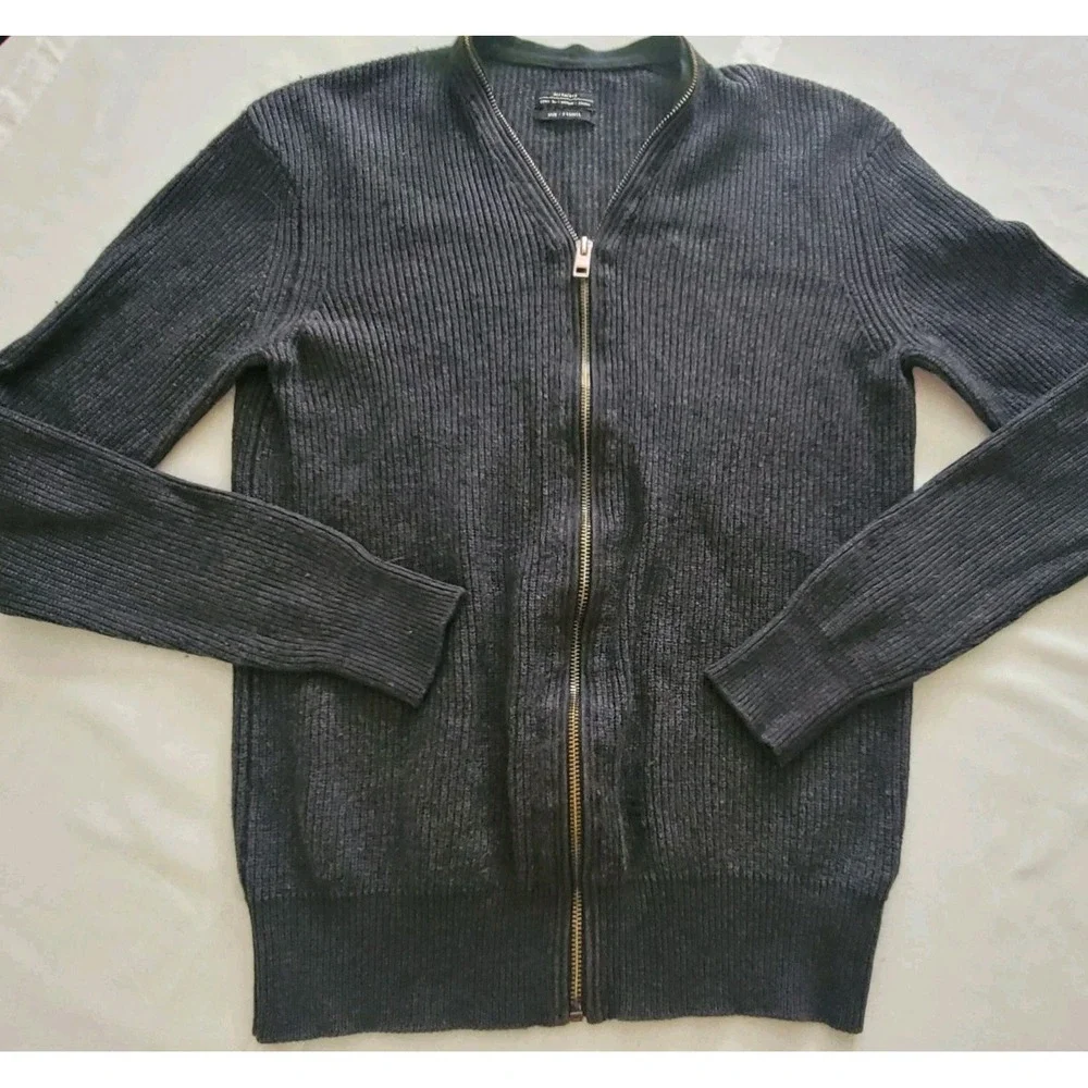 AllSaints Ribbed Zip Cardigan Mens XS Dark Gray Wool Blend Sweater Full Zip